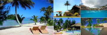 Nautilus Resort Rarotonga, (clockwise from left): Beach, Restaurant Entrance by Pool, Main Pool, Beachfront Are' Pool, Pool and Beach Activities