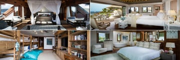 Necker Island, (clockwise from top left): The Great House Master Suite, Beach Villa Master Suite, Mangrove Villa Guest House and The Great House Bunk Room