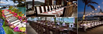 Necker Island, (clockwise from left): Sushi Canoe, The Great House Dining, Beach Pavilion Outdoor Dining and Crocodile Pavilion