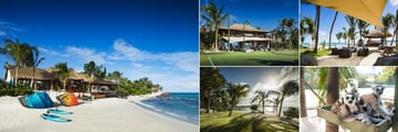 Necker Island, (clockwise from left): Watersports Pavilion, Beach Pavilion Tennis Court, The Beach, Necker Island Lemurs and Turtle Island  