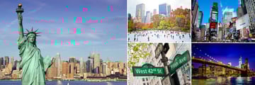 New York; Statue of Liberty and Manhattan, Ice Skating in New York, Times Sqaure, Brooklyn Bridge at night with view of Downtown Manhattan, 42nd Street and Fith Avenue