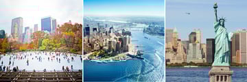 New York; Ice Skating, Aerial View of the City, Statue of Liberty and Midtown