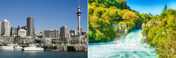 Auckland harbour (left), Huka Falls (right)