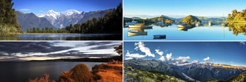 Clockwise from top left: Franz Josef, Dunedin, Arthur's Pass and Lake Taupo