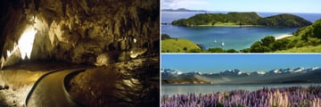 Waitomo Caves (left), Bay of Islands (top right), and Lake Pukaki (bottom right)