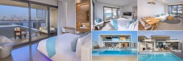 Nikki Beach Resort & Spa Dubai, (clockwise from left): Covet Room, Signature Suite Living Area, Luux Suite, Nikki Beach Villa and Ultimate Beach Villa
