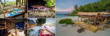 North Island, (clockwise from top left): In Villa Dining, Piazza at Night, Piazza, West Beach Bar and Wine Cellar