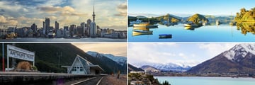 Clockwise from top left: Auckland, Arthur's Pass, Queenstown and Dunedin