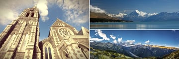 Christchurch architecture (left), Mt Cook (top right), and Arthur's Pass (bottom right)