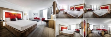 Novotel Brisbane, (clockwise from left): Standard King Bedroom, Standard Two Doubles Room, Premier King with Balcony, Executive Suite Living Area and Executive Suite Bedroom 