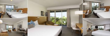Novotel Cairns Oasis Resort, (clockwise from top left): Standard Triple Room, Standard King Room, Superior Room Pool View, Superior Suite and Suite Living Area 