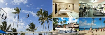 Occidental Caribe, (clockwise from left): Trapeze, Spa Treatments, Fitness Centre, Beach Volleyball and Outdoor Chess Activities 