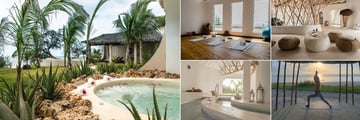 Ocean Spa Lodge, (clockwise from left): Spa Hydro Massage Pool, Yoga and Fitness Studio, Reception, Outdoor Yoga and Dr Kneipp Corridors