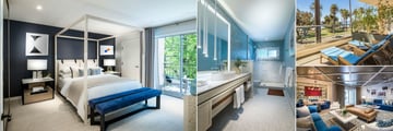 Oceana Santa Monica, (clockwise from left): King Room, Bathroom, Balcony overlooking Beach and Library Lounge