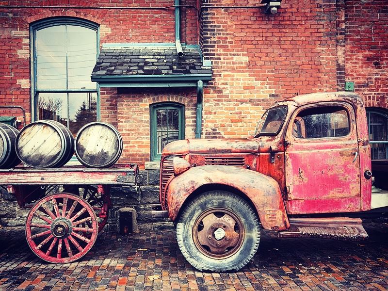Old whiskey truck in Toronto's Distillery District