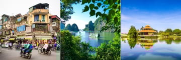 Hanoi's old town (left), Halong Bay (middle), and Dam Sen Park in Ho Chi Minh City (right)