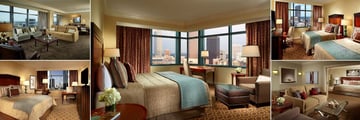 Omni Atlanta Hotel at CNN Center, (clockwise from top left): Presidential Suite, King Corner Room, North Tower Double Deluxe Room, Corner Suite and Deluxe Room