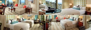 Omni Hilton Head Oceanfront Resort, (clockwise from top left): Luxury Oceanfront Suite Living Area, Luxury Oceanfront Suite Bedroom, Resort View Studio Suite and Courtyard View Studio Suite  