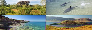 Clockwise from top left: Kakadu, Monkey Mia, Lake Argyle and Broome