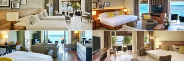 Outrigger Mauritius Beach Resort, (clockwise from top left): Beachfront Twin Beds, Beachfront Junior Suite, Ocean View and Beachfront Senior Suite