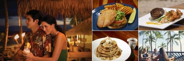 Outrigger Waikīkī Beach Resort, (clockwise from left): Dukes Dining, Dukes Burger, Dukes Steak, Hula Grill Dining and Hula Grill Pancakes