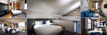 Ovolo 1888 Darling Harbour, (clockwise from top left): King Deluxe Room, Loft Bedroom, Loft Lounge, Shoebox Room and Stirred Room