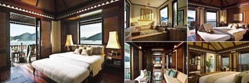 Pangkor Laut Resort, (clockwise from left): Purnama Suite, Pavarotti Suite Bathroom, Sea Villa, Spa Villa and Suria Suite