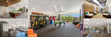 Peppers Noosa Resort & Villas, (clockwise from top left): Games Room - Snooker Table, Games Room, The Mineral Spa - Relaxation Lounge and Fitness Centre