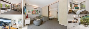 Peppers Noosa Resort & Villas, (clockwise from top left): Studio Room, 1 Bedroom Apartment, 2 Bedroom Apartment, 2 Bedroom Apartment - Kitchen, 3 Bedroom Penthouse