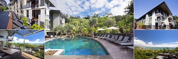 Peppers Noosa Resort & Villas, (clockwise from top left): Villas Exterior, Pool, Pacific Building Exterior, View from Four Bedroom Grande Villa and Balcony