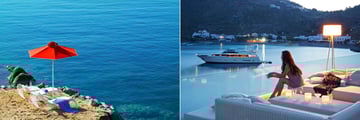 Private beach and terrace overlooking Psarou Bay at Petasos Beach Resort