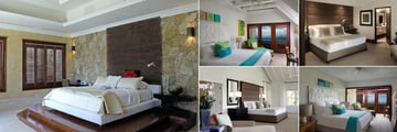 Peter Island, (clockwise from left): Falcons Nest Villa Room, Ocean View Room, Crows Nest Villa Master Bedroom, Ocean View Room and Hawks Nest Villa Room 