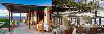 Peter Island, (clockwise from left): Tradewinds Restaurant Patio, Deadmans Beach Bar & Grill and Tradewinds Restaurant Interior