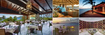 Petit St Vincent, (clockwise from left): Main Pavilion Restaurant, Goatie's Bar Bartenders, Goatie's Bar, Wine Cellar and Barbeque