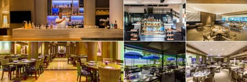 Phuket Marriott Resort & Spa, Merlin Beach, (clockwise from top left): Lounge Lobby, Phuket Coffee Co., D.O.C.G. Restaurant, Merchant Kitchen, Beach Grill and Thai Pantry