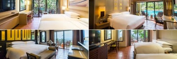 Phuket Marriott Resort & Spa, Merlin Beach, (clockwise from top left): Superior Lagoon Pool View, Premier Lagoon Pool Access Room, Premier Andaman Sea View Room and Merlin Suite