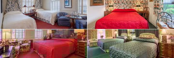 Pine Inn, (clockwise from top left): Standard Twin, Deluxe King, Deluxe Double Queen with Patio and Standard King Bedroom