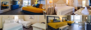 Pink Shell Beach Resort, (clockwise from top left): Club Room King, One Bedroom White Sands Villa One Bedroom, Club Room Double and Two Bedroom White Sands Villa Second Bedroom