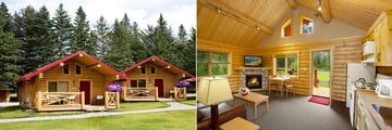 Miette Mountain Cabins, Deluxe Log Cabin Exterior and Living Area