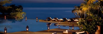 The main pool at nighttime 