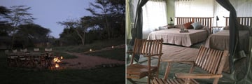 Firepit at Porini Mara Camp, and guest tent at Porini Lion Camp