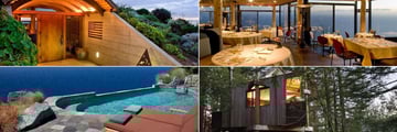 Post Ranch Inn, (clockwise from top left): Hotel Entrance, Sierra Mar Restaurant, Tree-House and Cliffside Pool