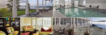 Prestige Oceanfront Resort, (clockwise from top left): Lower Patio, Indoor Pool, Upper Patio and Lobby - Sitting Area