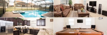 Providence Resort Homes, (clockwise from top left): Private Pool, Lounge, Games Room and Kitchen