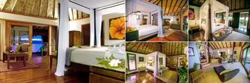 Qamea Resort & Spa Fiji, (clockwise from left): Honeymoon Bure, Royal Beach House, Beachfront Bure, Royal Beach House Living Area and Honeymoon Villa