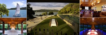Qualia, Hamilton Island, (clockwise from top left): Water Activities - Catamaran, Pebble Beach Pool and Beach, Library, Yoga Pavilion and Spa Tranquility Pools