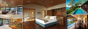 Qualia, Hamilton Island, (clockwise from top left): Windward Pavilion Lounge & Pool, Windward Pavilion Bedroom, Beach House Pool, Beach House Lounge and Leeward Pavilion