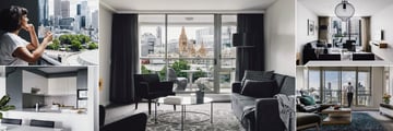 Quay West Suites Melbourne, (clockwise from top left): 1 Bedroom Deluxe Suite, 2 Bedroom Deluxe Suite, 1 or 2 Bedroom Superior Suite, 3 Bedroom Premium Apartment and Kitchen