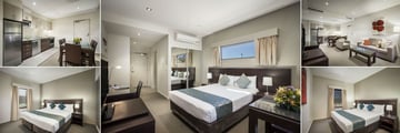 Quest Alice Springs, (clockwise from top left): One Bedroom Apartment Kitchen, Studio, Two Bedroom Apartment Living Area, One Bedroom Apartment Bedroom and Three Bedroom Apartment Bedroom