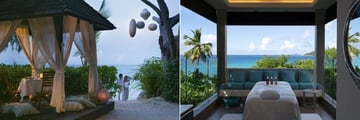 Sunset dinner in a private cabana and outdoor spa treatment room at Raffles Seychelles